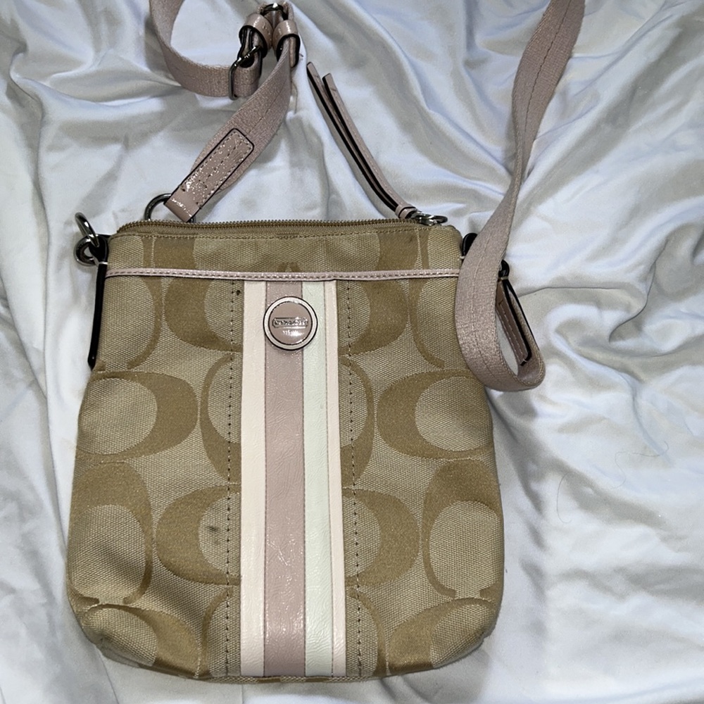 coach pink and cream nude monogram crossbody bag